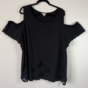 Adiya Black Cold Shoulder Top 3X Cutout Lace Hem Boho Flowy Shirt